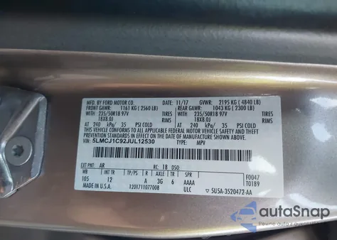 2018 Lincoln Mkc Premiere z USA, uszkodzony, nr VIN 5LMCJ1C92JUL12530